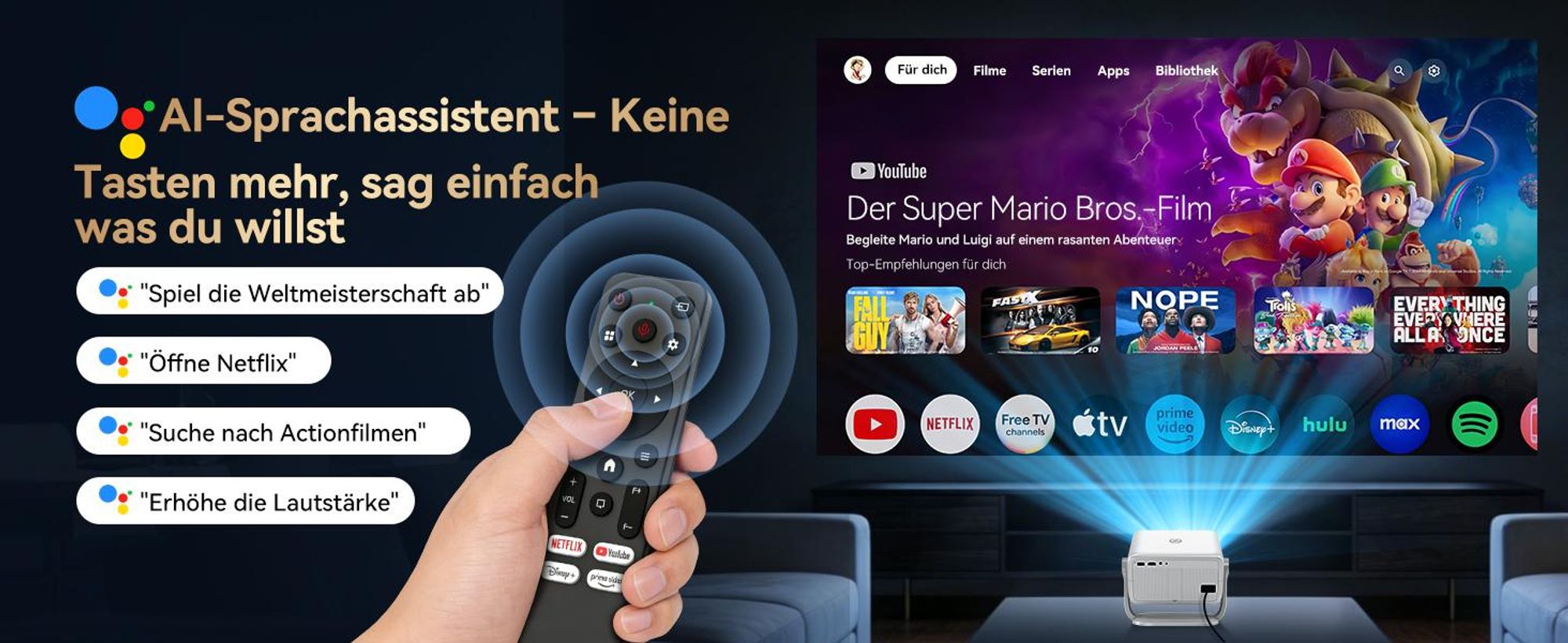 Blackview Huidun PT10 Beamer, 25000 Lumen, 1080P Native, 4K, Google TV, 360° Deckenprojektion, KI Autofokus, WiFi 6, 10W HiFi, Tragbares Heimkino