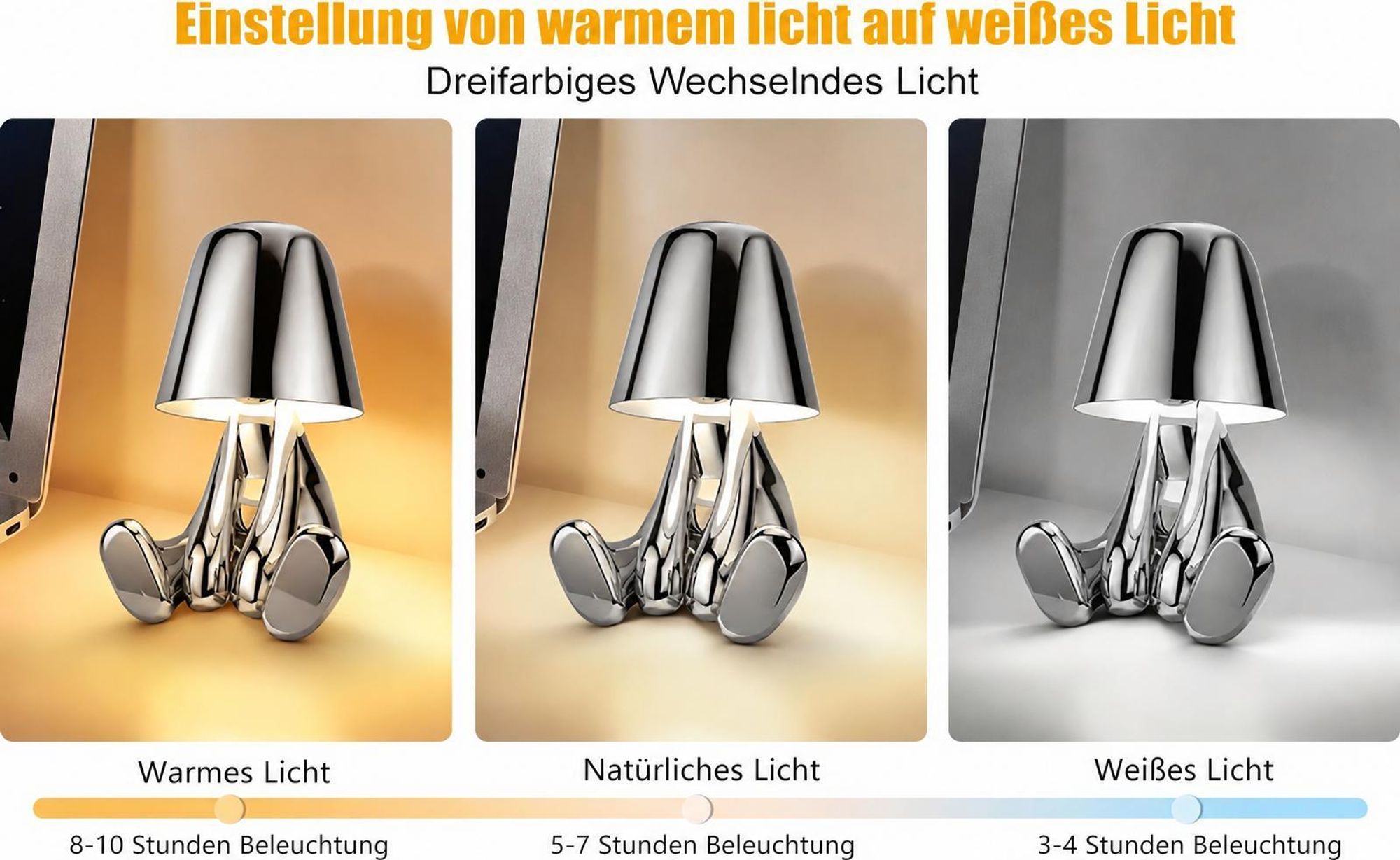 Thinker-Statue LED Nachttischlampe mit Touch-Steuerung,USB-Aufladung,3 Helligkeitsstufen,Kabellose Dimmbare Tischlampe,Dekorative  Nachtlicht(SilverA)