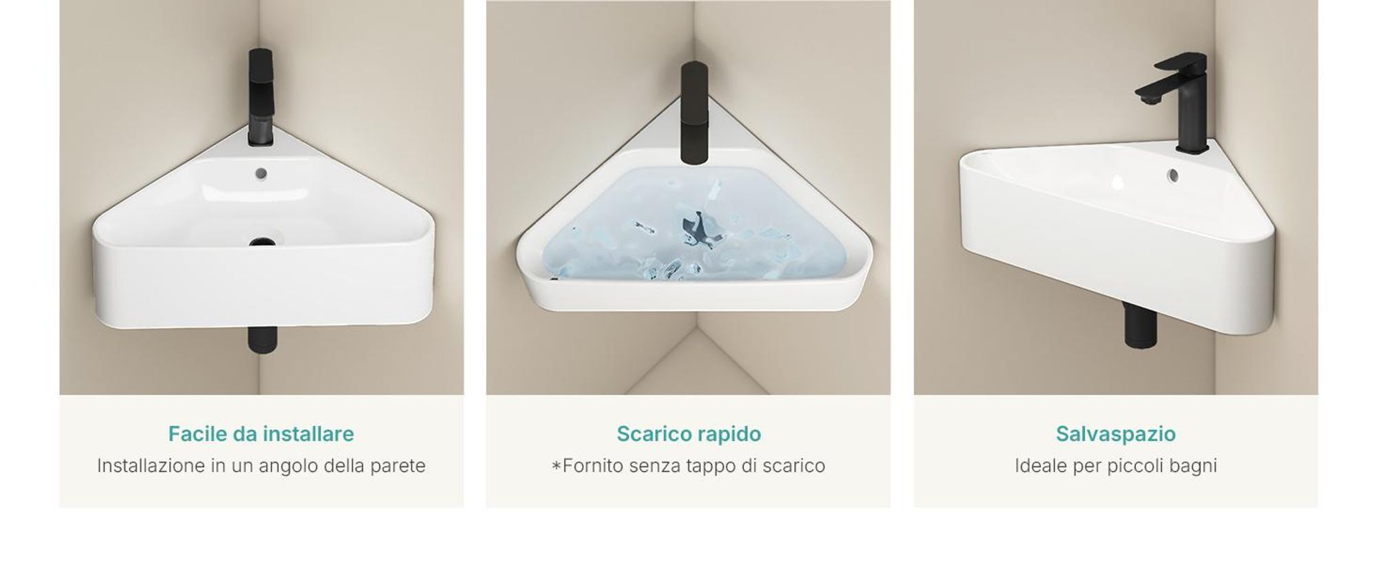 EMKE Lavabo angolare a parete in ceramica 560x340 mm Bianco lucido Lavabo triangolare a parete con troppopieno e foro per rubinetto per WC ospiti e bagni piccoli