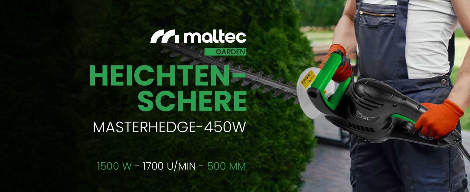 Elektrische Heckenschere mit 50cm Schnittlänge, Handschutz, Schwertschutz und Schutzbrille