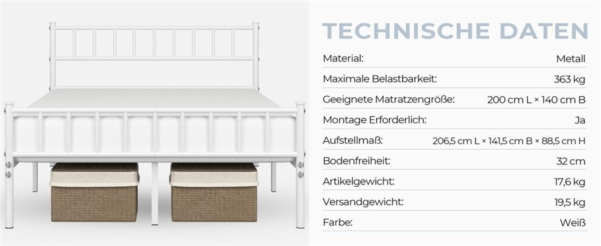 Yaheetech Metallbett Bettrahmen mit Kopfteil Bettgestell aus Metall Gästebett mit Lattenrost für Schlafzimmer Gästezimmer 140 x 200 cm Weiß