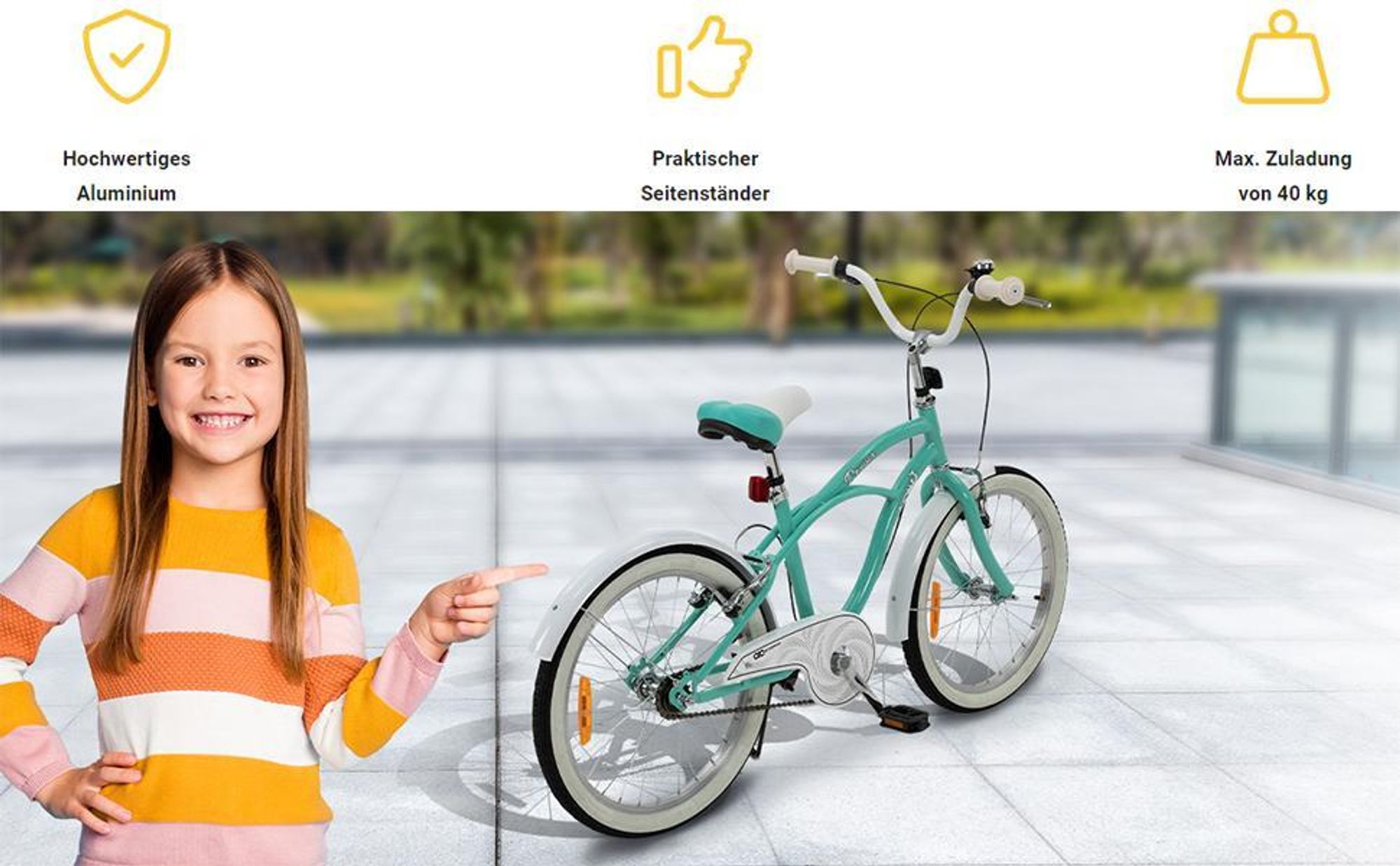 Actionbikes Kinderfahrrad Cruiser 20 Zoll | Kinder Mädchen Jungen Jugend Fahrrad - V-Brake Bremsen - Kettenschutz - Seitenständer - 6-9 Jahre (Türkis)