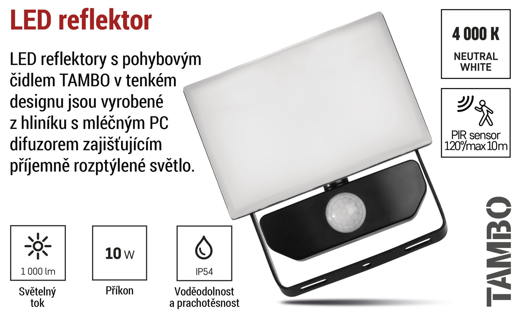 EMOS LED reflektor Tambo s detektorem pohybu, tenký hliníkový reflektor, vodotěsný, neutrální bílá, 1000 lm, 10 W, pro venkovní použití, černý, ZS2912