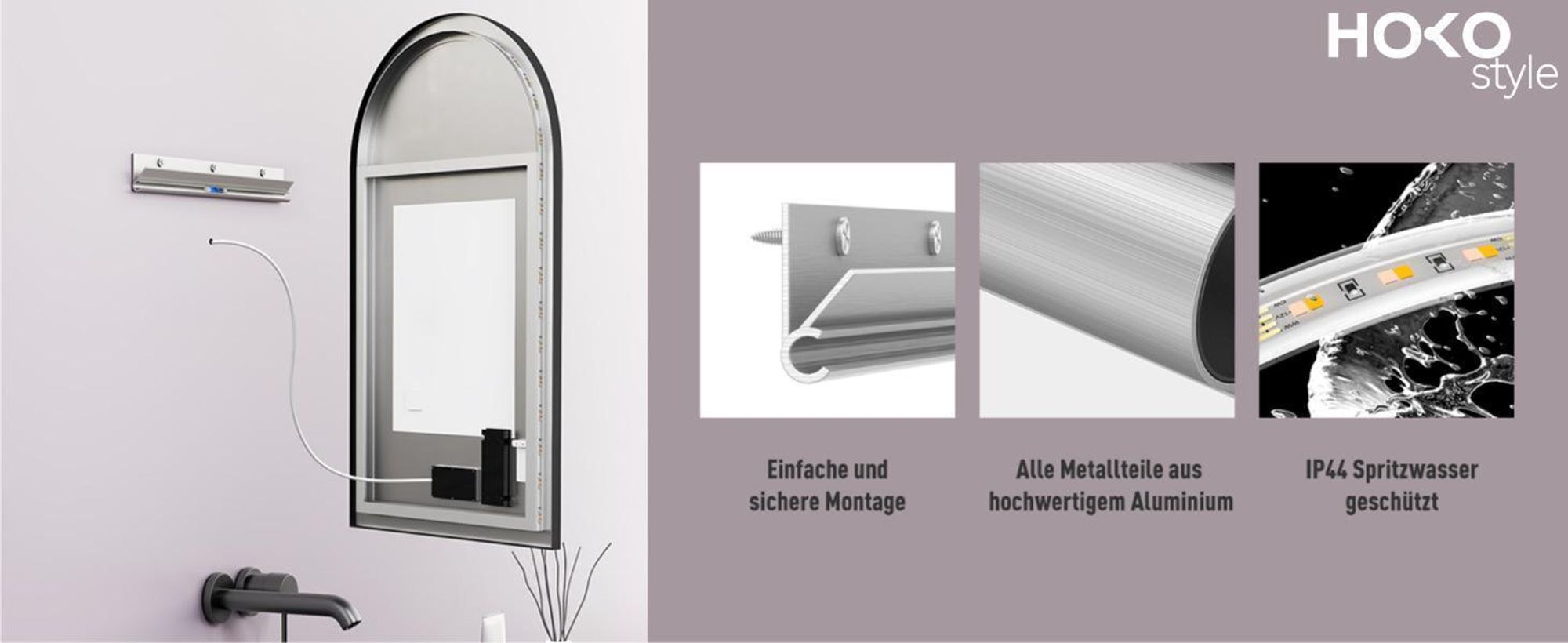 HOKO® Antibeschlag LED Bogenspiegel 60x100cm/100x60cm mit Schwarzer Metallrahmen, HOCH+QUER Montage. Arch Badspiegel+Touch Schalter+Licht Wechsel
