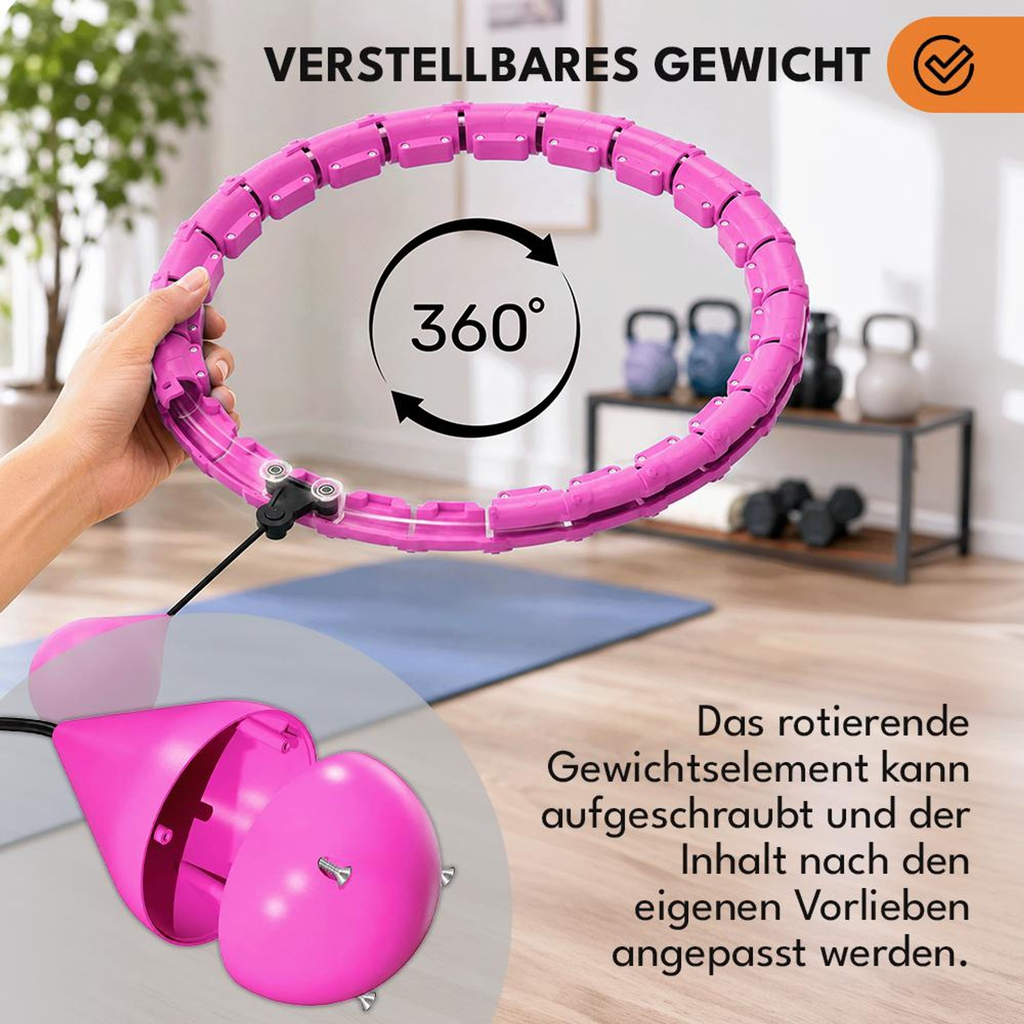 KRUMAD Hula Hoop mit Gewichtskugel, Fitnessreifen 50 cm, verstellbarer Umfang, 360° drehbar, Fitnessreifen mit Noppen, Rosa