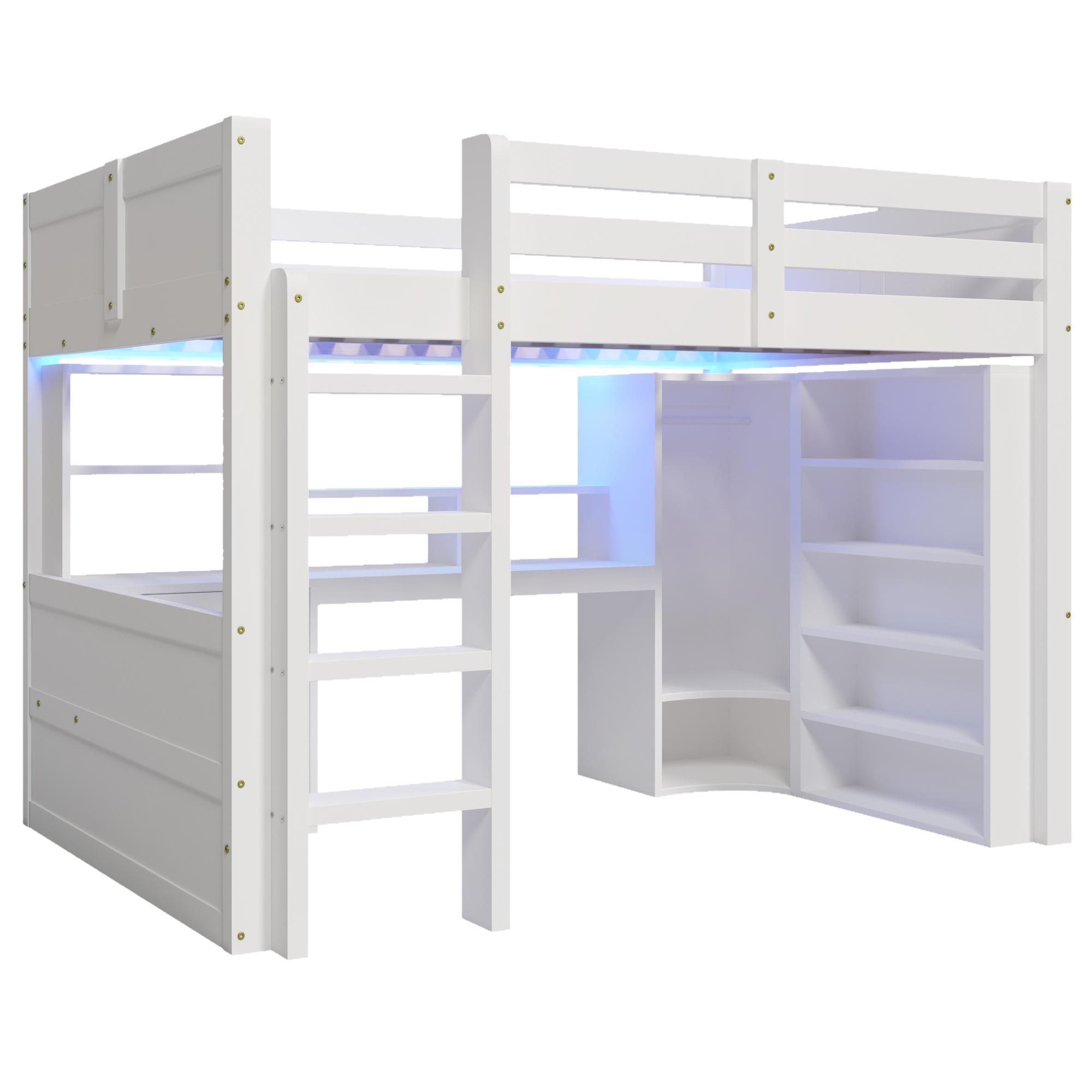 Flieks Etagenbett 140x200cm mit Led, Kinder Hochbett mit Schreibtisch und Schubladen, Kinderbett mit Kleiderschrank und offenen Regalen, Weiß
