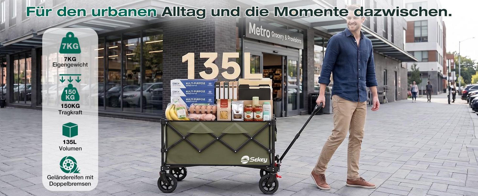 Sekey Bollerwagen faltbar 150 kg mit Bremsen, klappbarer Handwagen für Garten und Ausflug, Grün