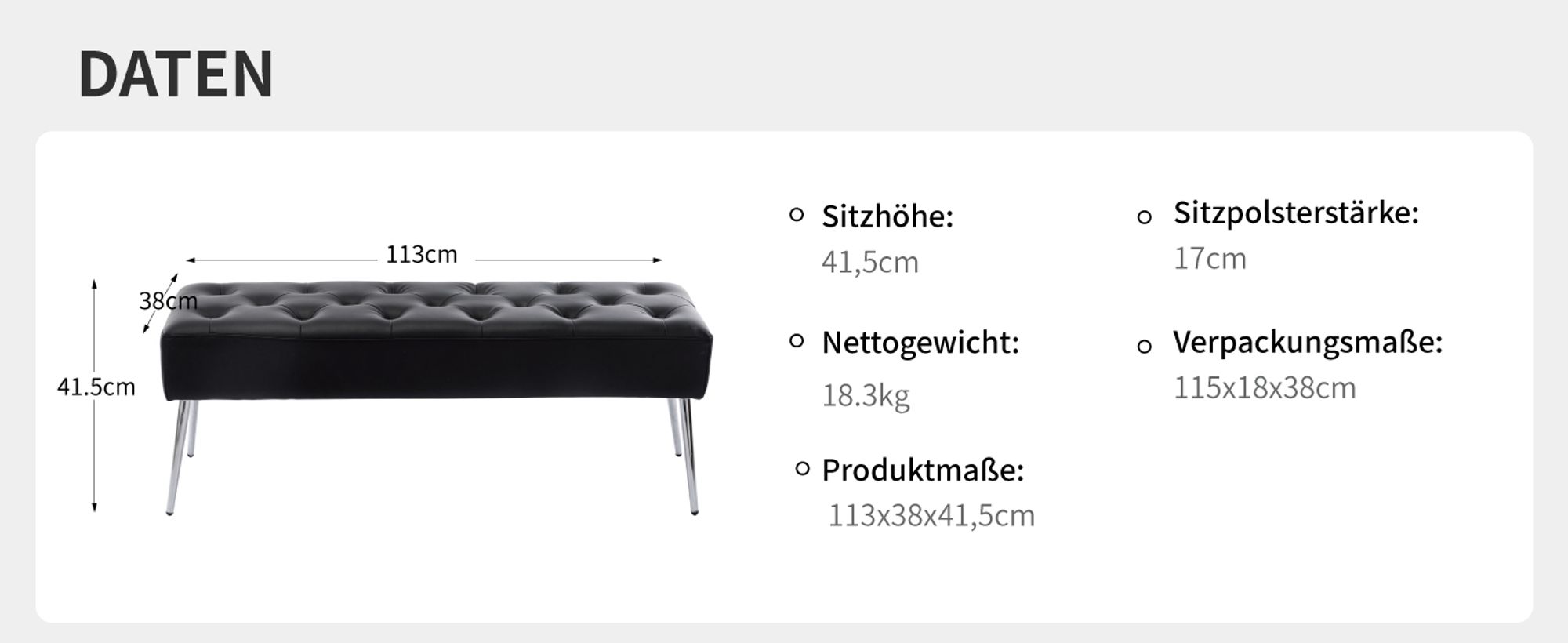 Duhome Sitzbank aus Kunstleder Polsterbank Schminkhocker Schminkbank Farbauswahl, Farbe:Schwarz, Material:Kunstleder