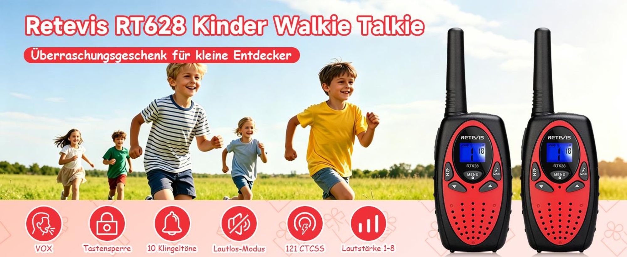 Retevis RT628 Walkie Talkie Kinder, Geschenke für Kinder, mit Taschenlampe, DCS/CTCSS, Spielzeug ab 6-12 Jahre, für Camping Familienspiel