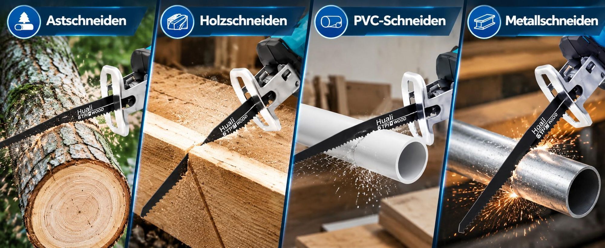 Akku-Säbelsäge 21V Brushless, Cordless Reciprocating Saw mit 2×2,0Ah Akku, 0–4000 U/min, 4 Sägeblätter, für Holz, Metall, PVC & Äste