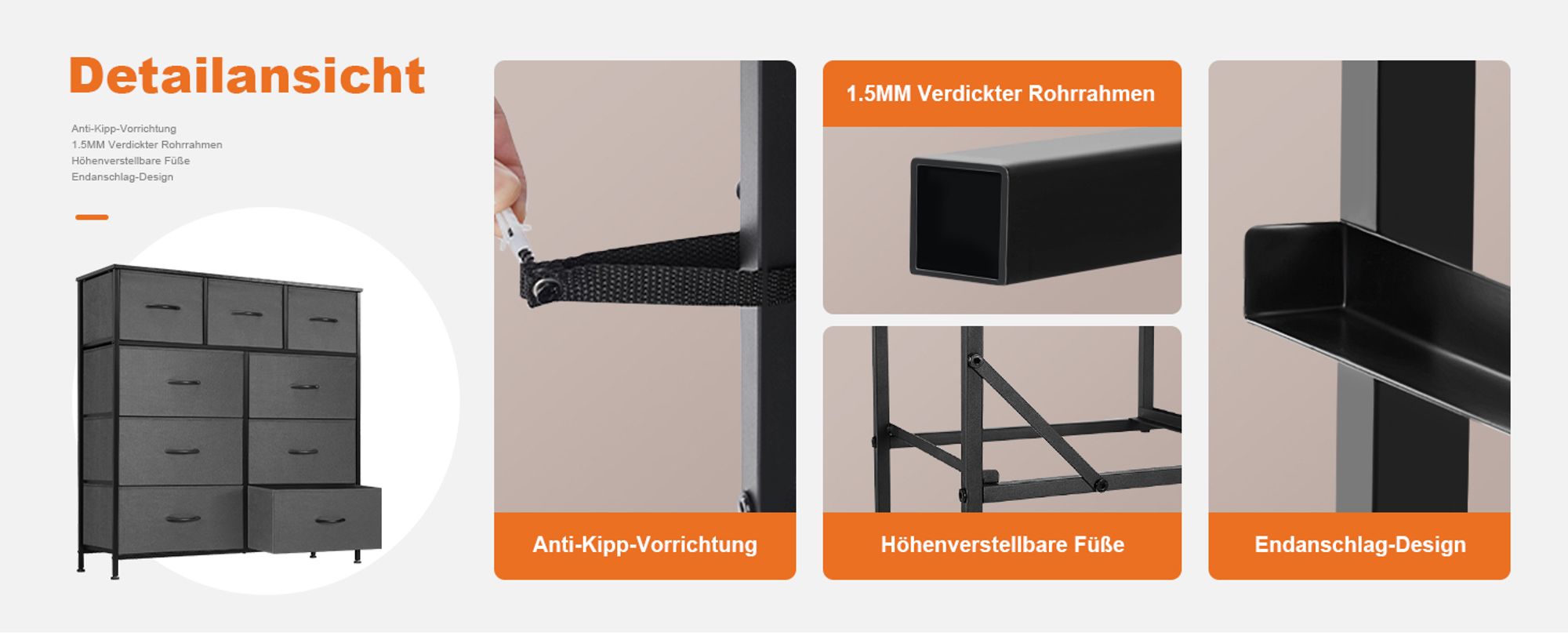 Sweetcrispy Kommode mit 9 Stoffschubladen ,Stoffkommode mit Stabilem Stahlrahmen, Ideal für Schlafzimmer, Wohnzimmer Mehrzweckschrank Schrank