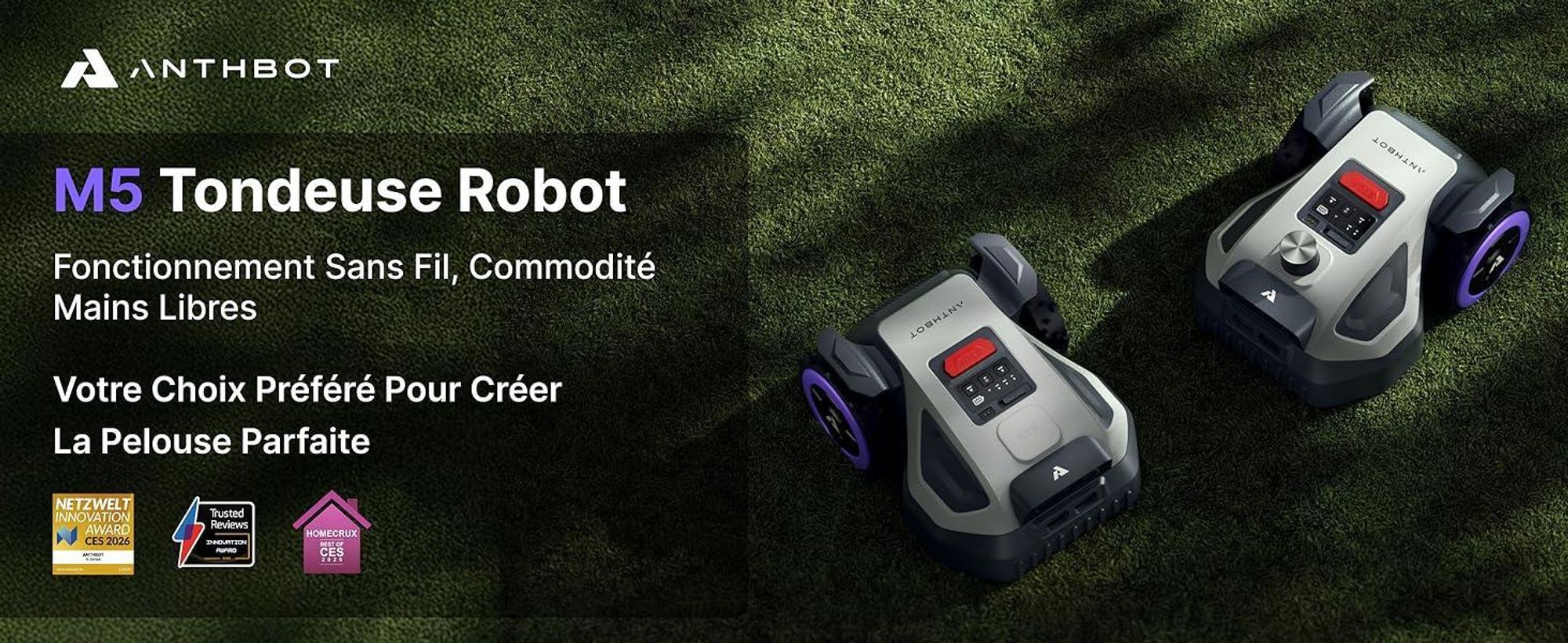 Robot tondeuse ANTHBOT M5 sans câble périphérique, avec garage premium, navigation RTK, caméra IA, jusqu'à 500 m², 3 mois de NRTK s