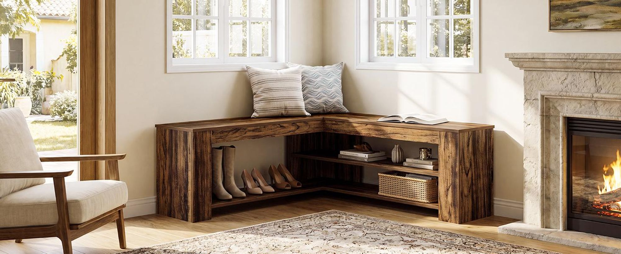 Tribesigns 120 cm L-förmige Schuhbank mit Stauraum, Landhausstil Eingangsbank für Eingangsbereich, Esszimmer, Wohnzimmer, Rustikales Braun