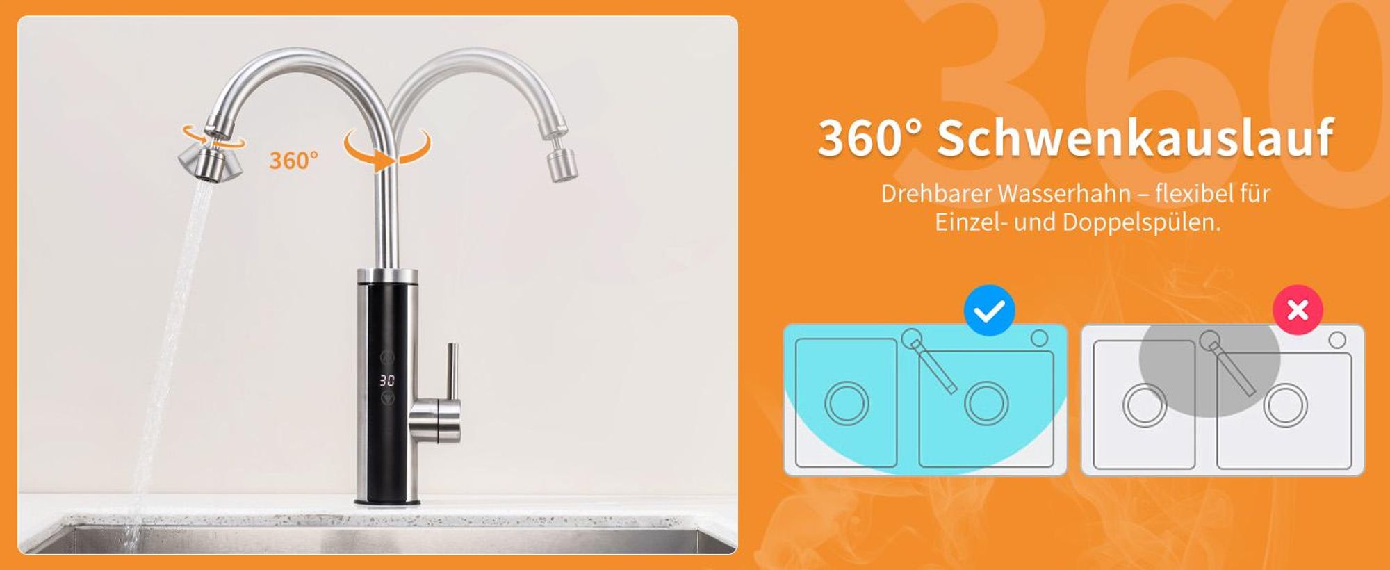 Elektrische Küchenarmatur mit Durchlauferhitzer, Gebürstet Wasserhahn Küche mit LED Temperaturanzeige,Smart Heater Wasserhahn 360° drehbar