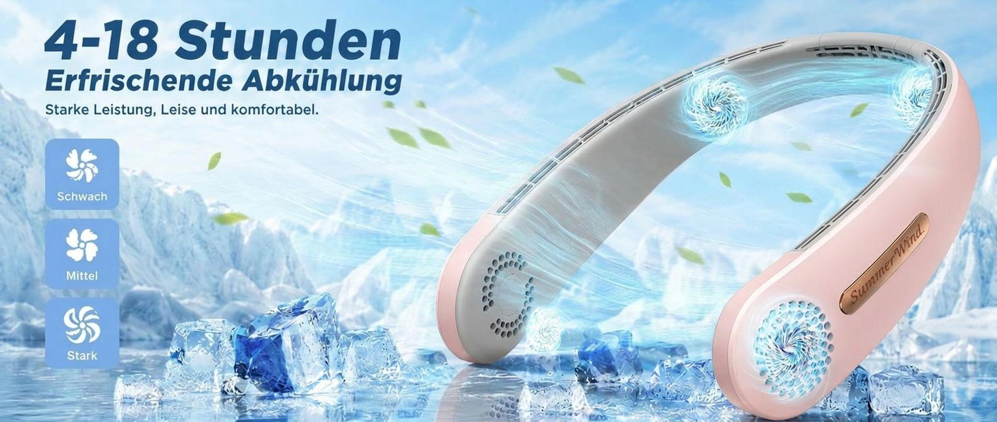 Nackenventilator, Halsventilator, blattlos, leise, USB, 4000mAh, 3 Stufen, 4Turbinen, 360° Luftstrom, für Reisen & Büro(Rosa)