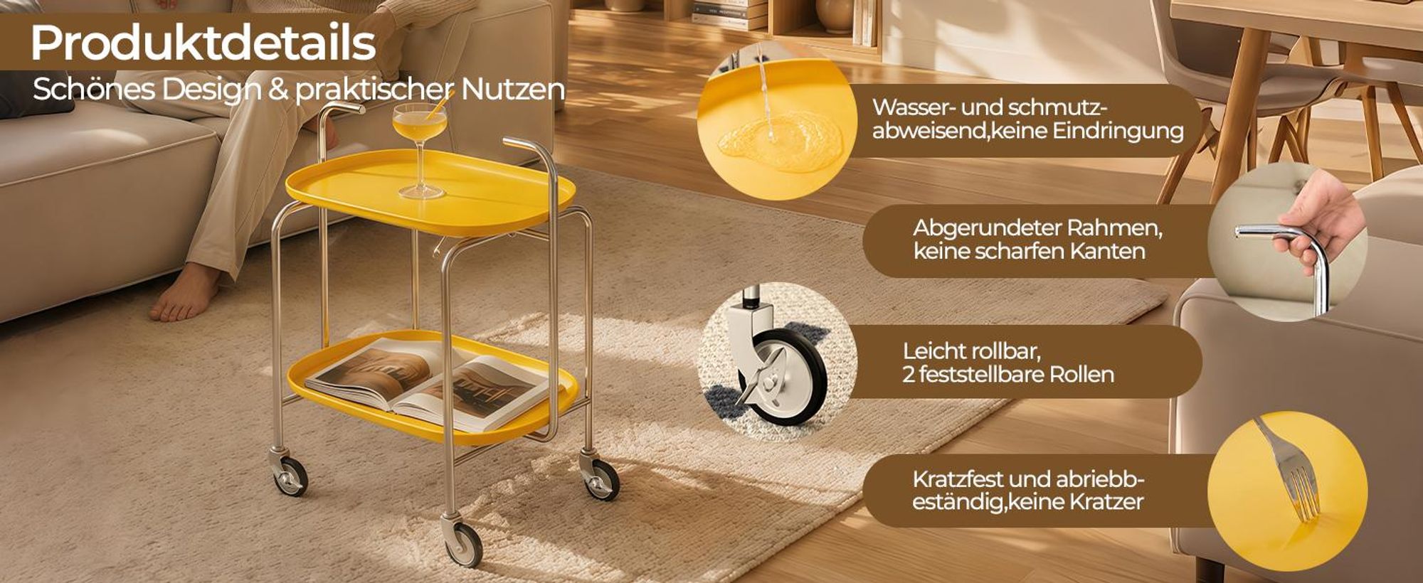 Küchenwagen mit Rollen 3 Etagen, Servierwagen Rollwagen, Mobiler Aufbewahrungswagen mit Griff, 360° Rollen und Bremsen, Gelb