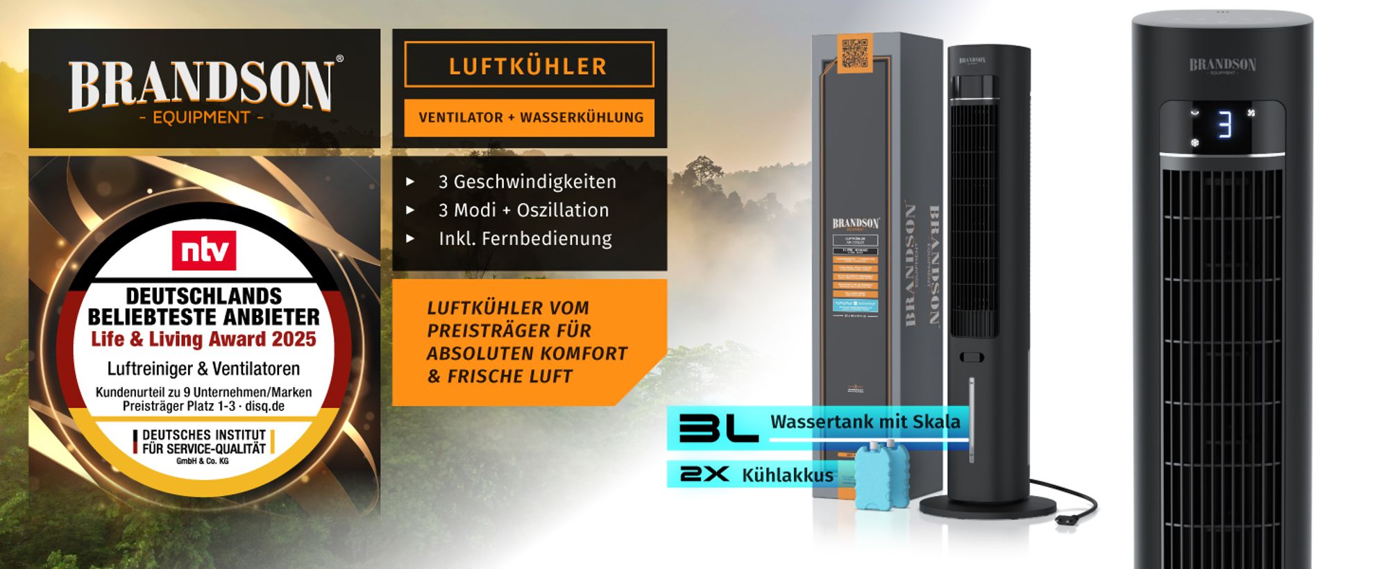 Schwarzen Brandson Luftkühler mit passender Verpackung und N-tv Award