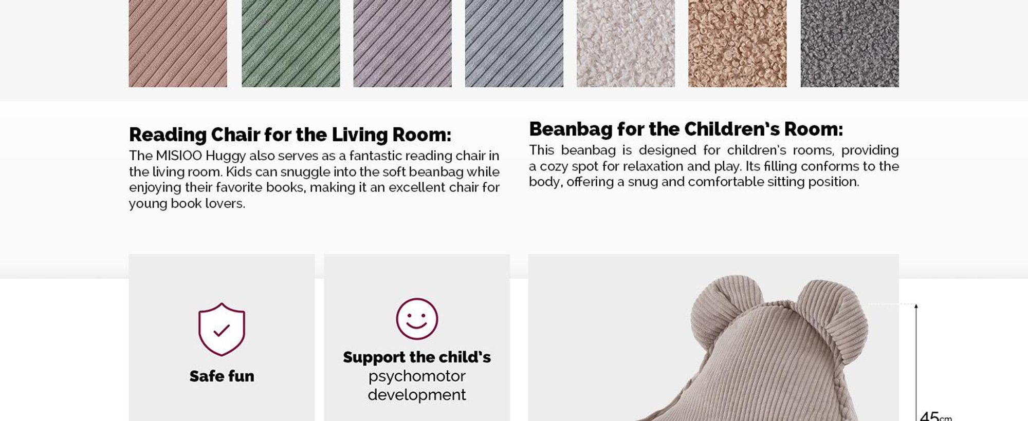 MISIOO Beanbag Kids - Veľký vrece Bean Bag - Umývateľný - - Pevná a mäkká konštrukcia - Manšestrový materiál - 68x45 cm - Béžová