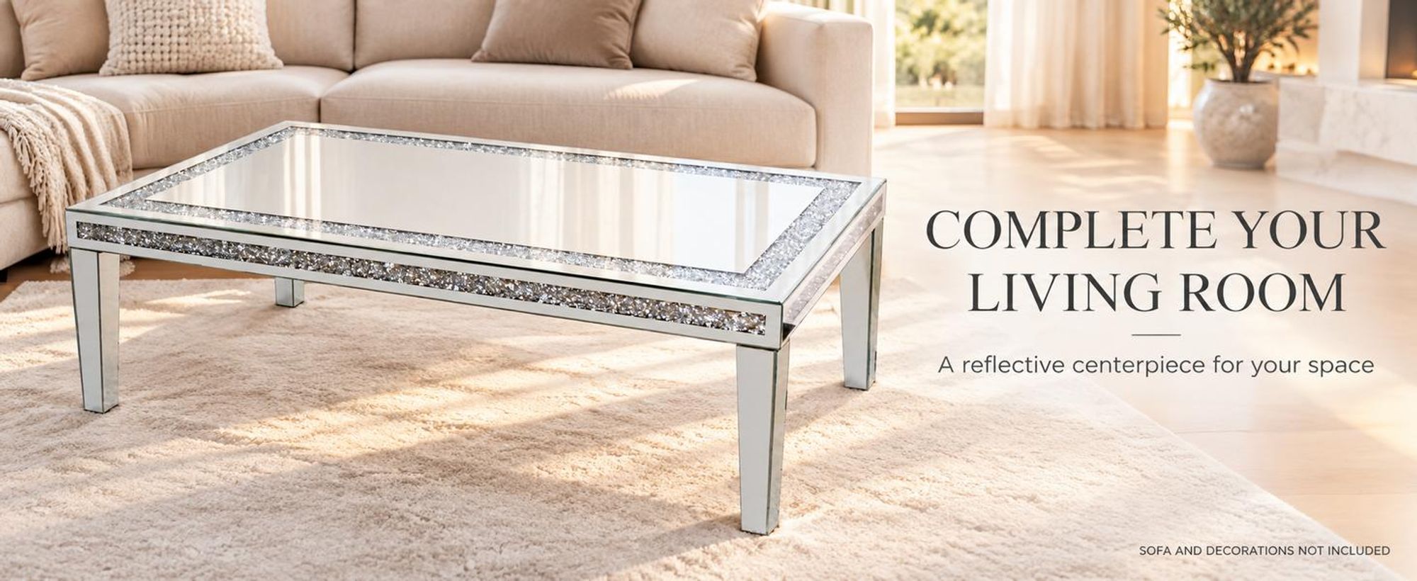 Vrygle Couchtisch verspiegelt 120x60x45 cm, Glas mit Kristall-Nachbildung, Silber
