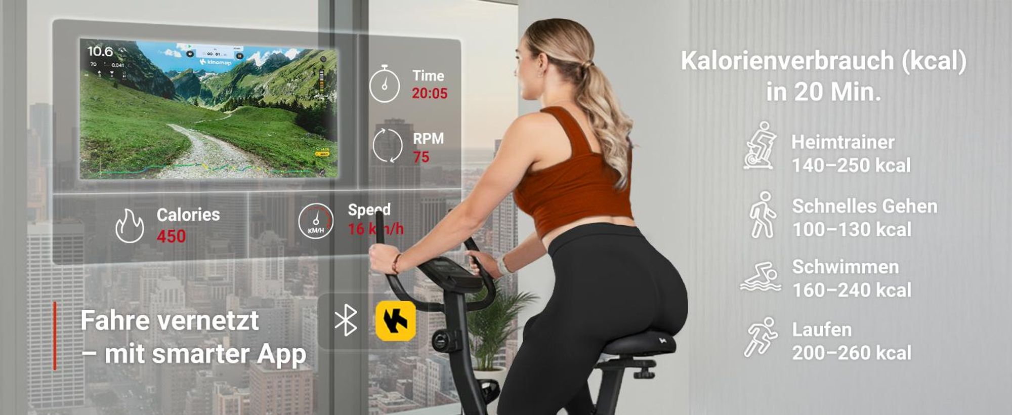 Hop-Sport Heimtrainer HS-3000H Hometrainer Fahrrad mit Magnetwiderstand, LCD-Display, Bluetooth & Kinomap, Pulsmessung, bis 120 kg belastbar, Schwarz