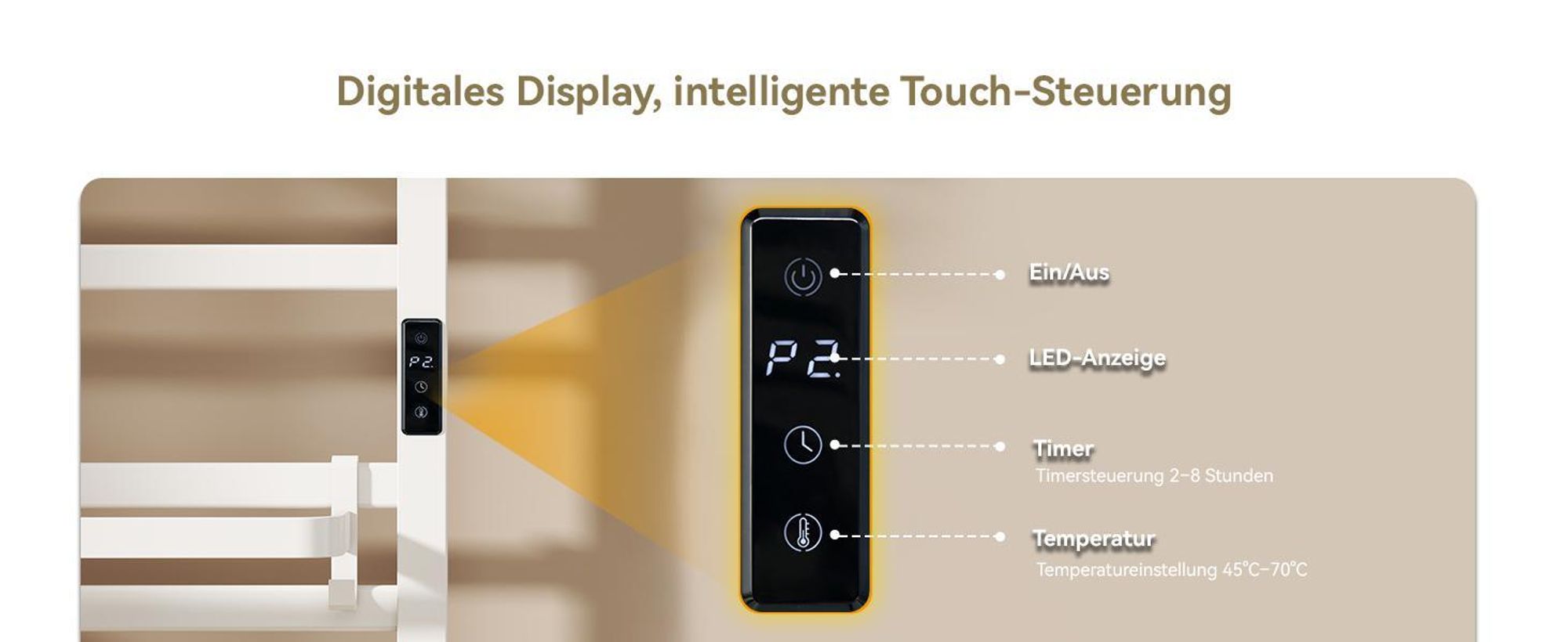 Puluomis Heizkörper Elektrischer Handtuchwärmer mit LED-Touchdisplay, 45-70°C einstellbar, Timer, 90° drehbares Ablagefach, RCCB Schutz weiß