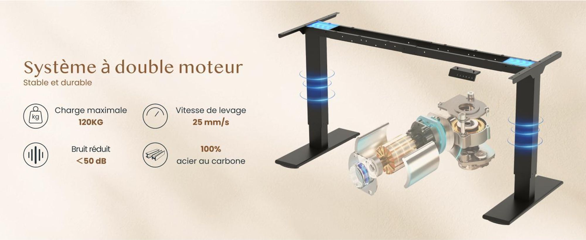 Bureau réglable en hauteur FLEXISPOT QB2 Électrique 180 x 80 cm, 2 MOTEURS PUISSANTS, capacité de charge 120 kg, protection anti-collision, 4 fonctions mémoire (marron)