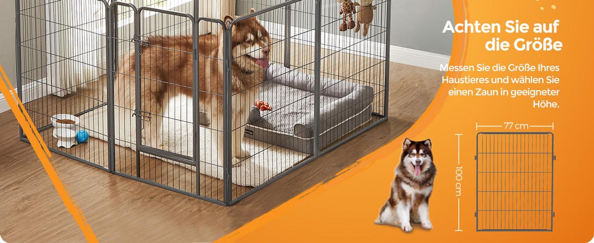 FEANDREA Welpenauslauf, 8 Platten DIY, Doppel-L-Schloss, 77x100cm grau PPK81H