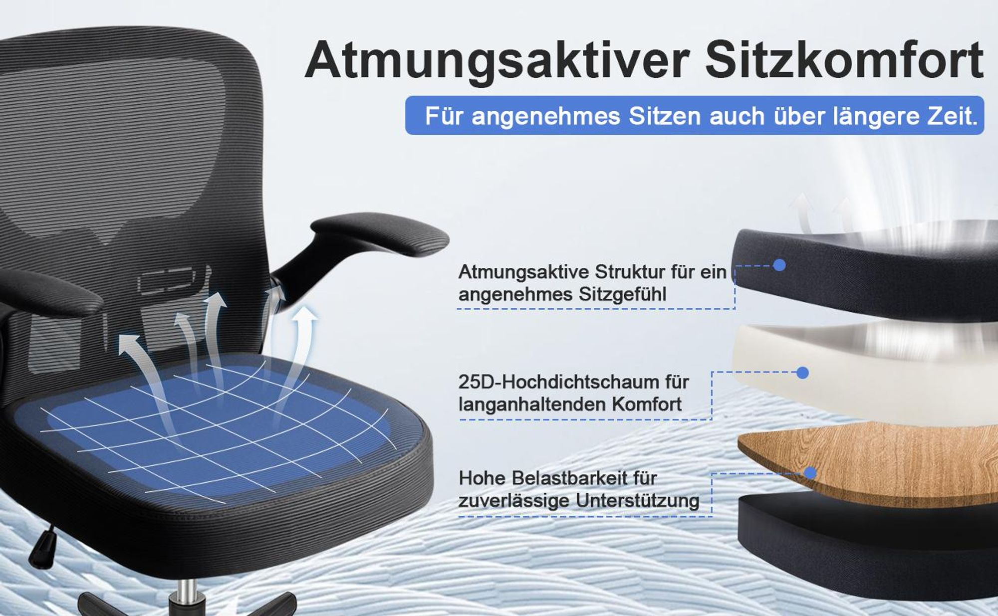 Bürostuhl, Schreibtischstuhl, bürostuhl ergonomisch mit Verstellbaren Armlehnen, höhenverstellbar,S-förmige Lendenstütze,Chefsessel 150kg