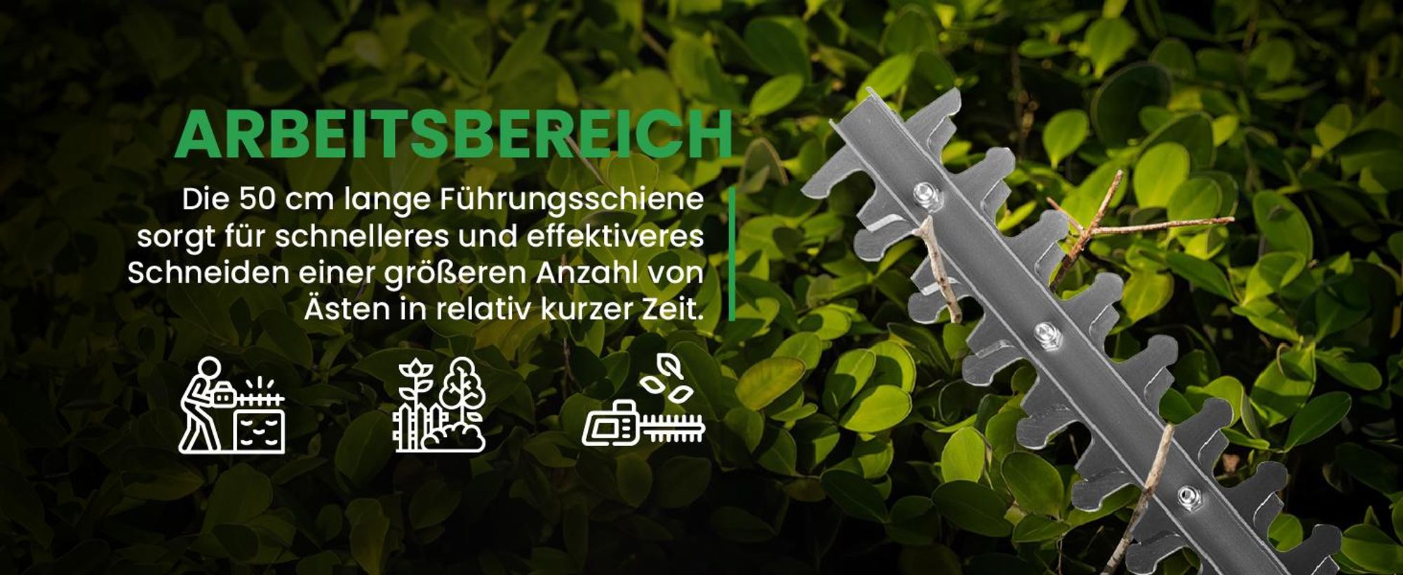 Elektrische Heckenschere mit 50cm Schnittlänge, Handschutz, Schwertschutz und Schutzbrille