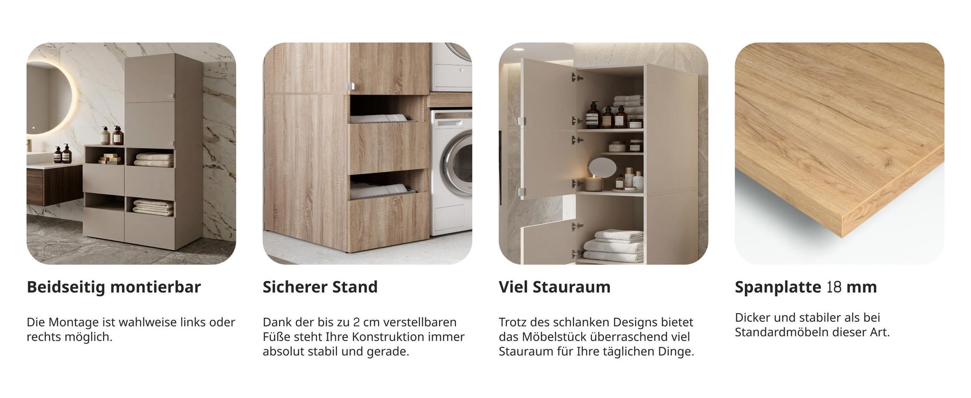 Hochschrank Badschrank Beatrice 187 x 45 x 65 cm Wäscheschrank Badregal Schrank für das Badezimmer Lehm Grau