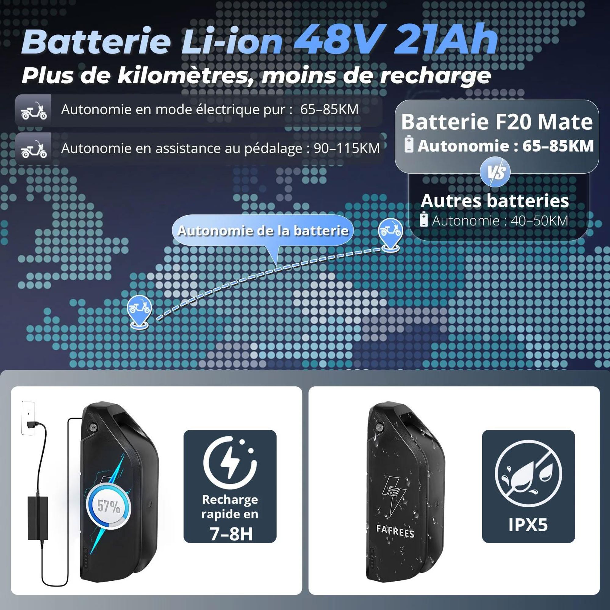 FAFREES F20 Mate Triporteur Électrique - Batterie 48V21AH Freins Hydrauliques - Gris bleu