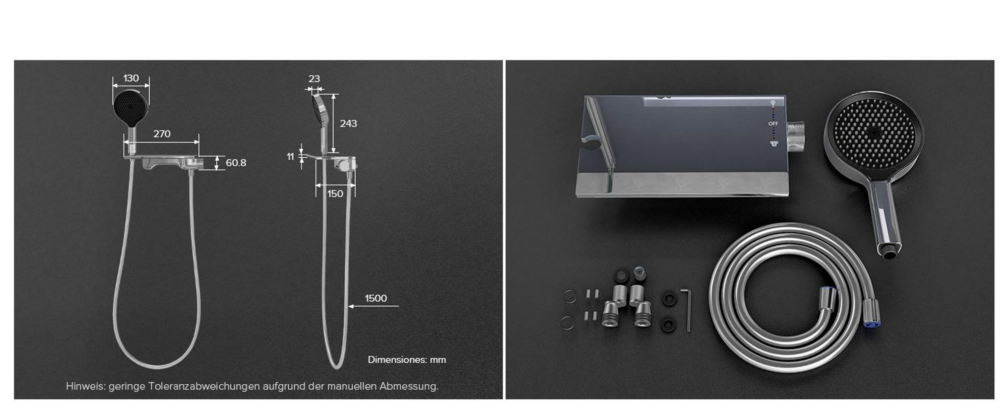 doporro Badewannenarmatur mit Handbrause, Wasserfallauslauf, Duscharmatur Komplettset aus Messing mit 4 Strahlarten, 1.5m Brauseschlauch Silber DSN-401