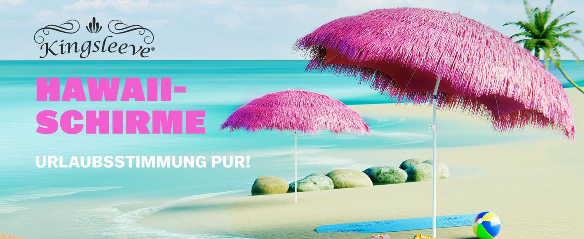 KINGSLEEVE® Sonnenschirm Hawaii Ø160cm Neigbar Höhenverstellbar UV Schutz 30+ Groß Rund Balkon Strand Strohschirm Strandschirm Bast Hawaiischirm Pink