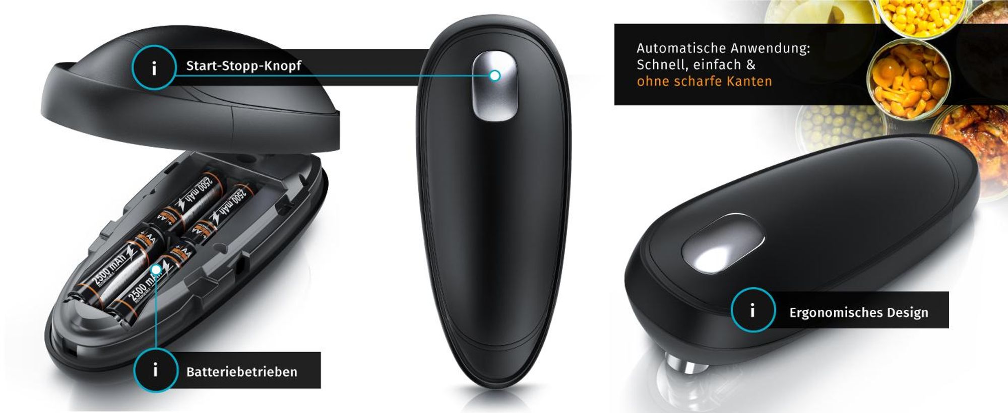 Arendo Elektrischer Dosenöffner, Deckelöffner, Büchsenöffner für alle Dosengrößen, automatische 360° Drehung, Öffnung ohne scharfe Kanten, Automatikstopp