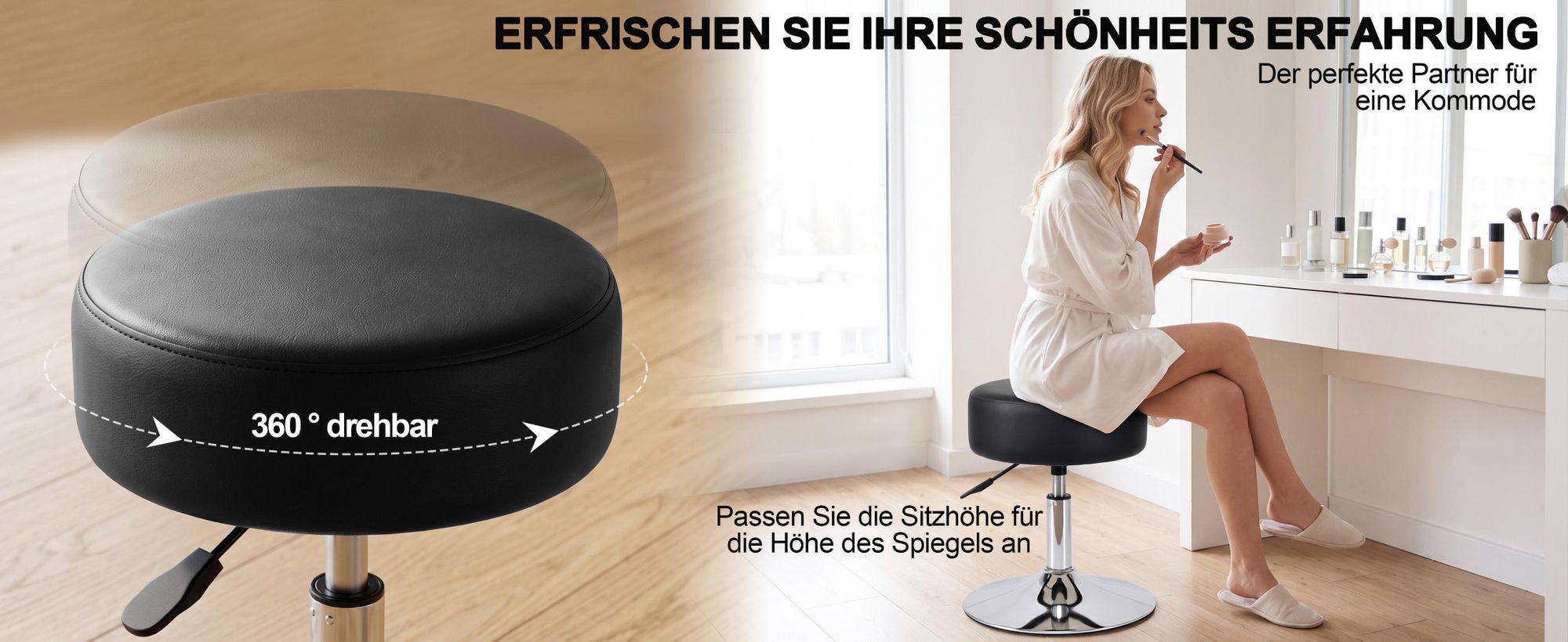 Duhome Drehhocker Schminkhocker Sitzhocker mit Polsterung Höhenverstellbar Drehbar aus Kunstleder, Schwarz