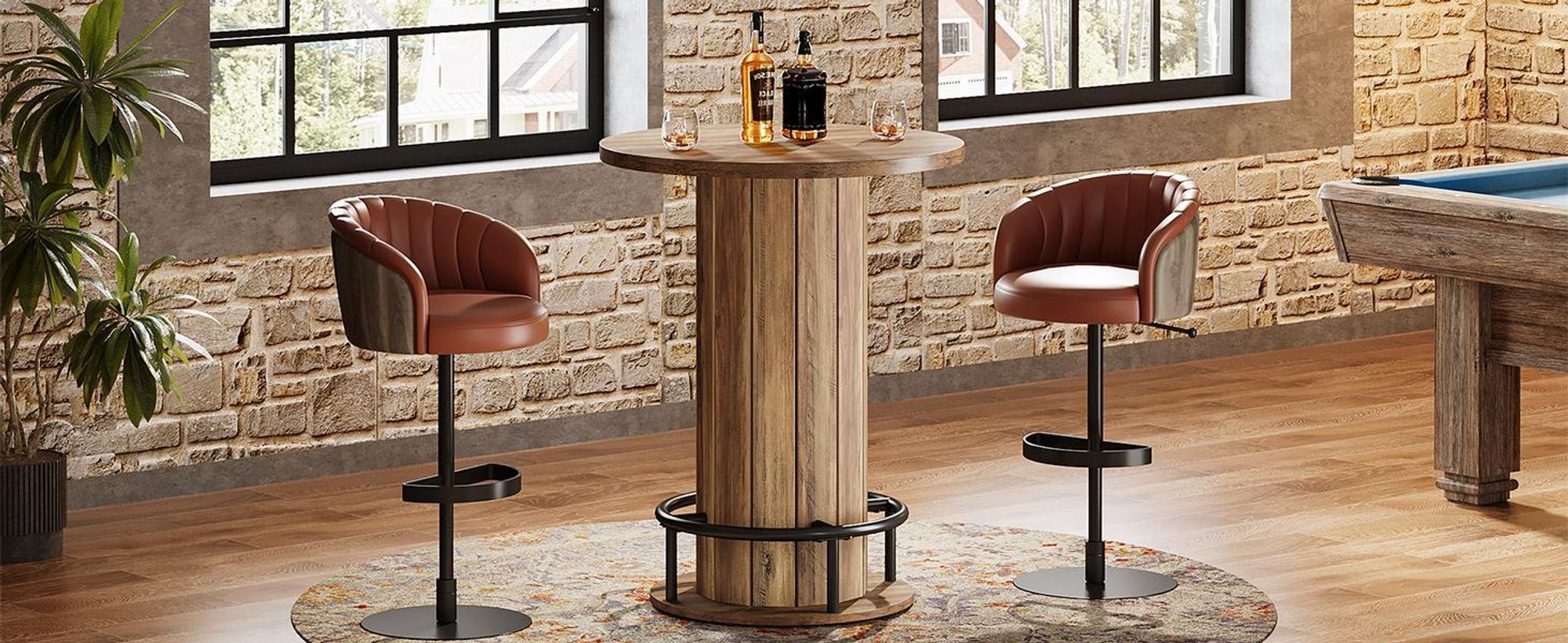 Tribesigns okrúhly barový stôl, výška 100 cm, drevený bistro stôl s kovovou podnožou na krúžky do jedálne, na kávu, na koktaily, do malých miestností, hnedý