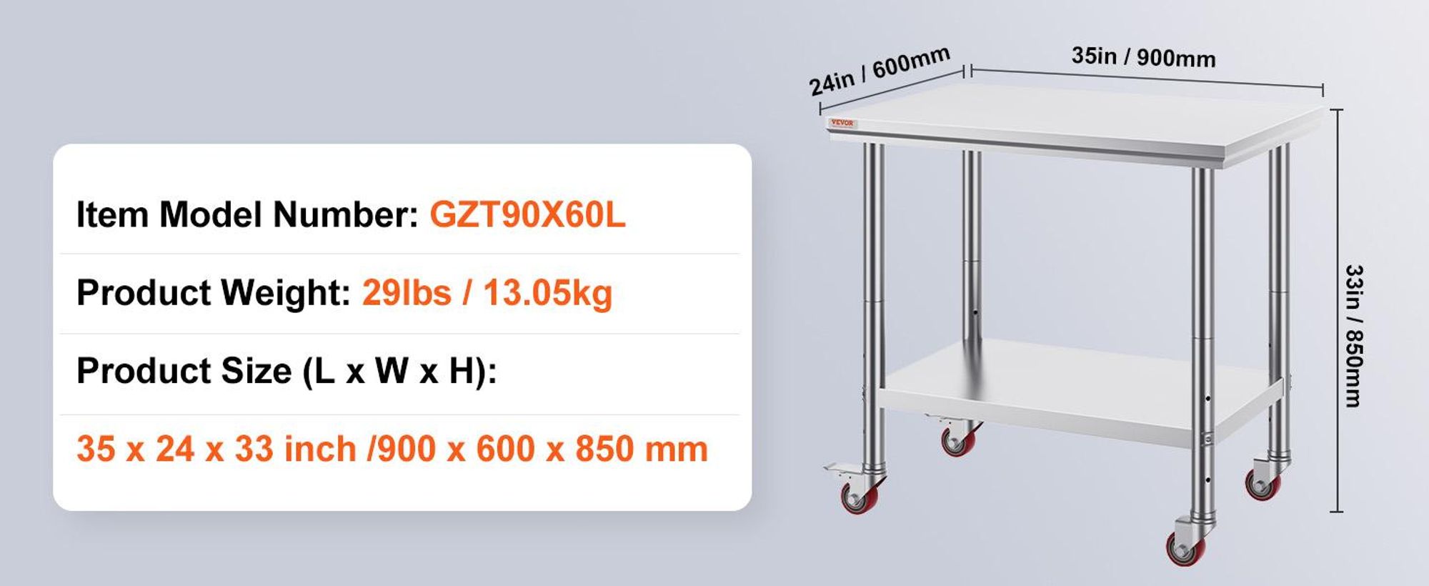 VEVOR Edelstahl Arbeitstisch 30 x 18 x 34 Zoll, 700 LBS Tragfähigkeit mit 4 Rädern, 3 verstellbare Höhenstufen, robuster Lebensmittelvorbereitungstisch für gewerbliche Küchenrestaurants, Silber, 900x600x850 mm