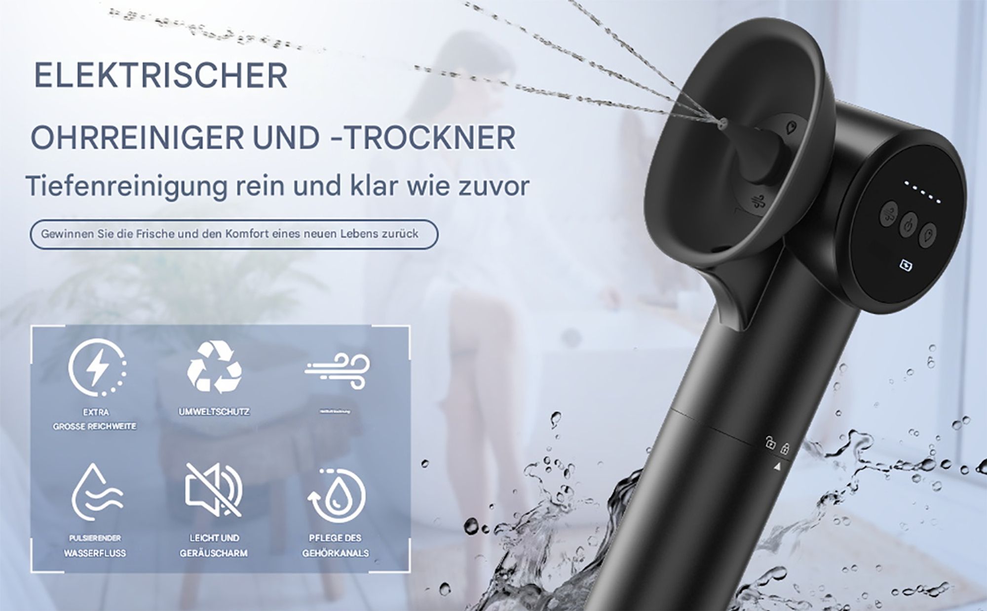 Ohrenschmalz-Entfernungsset, Ohrenreiniger mit 5-Druck-Bewässerungsspülsystem, sicheres Ohrenreinigungsset mit Warmlufttrockner, wiederaufladbarer