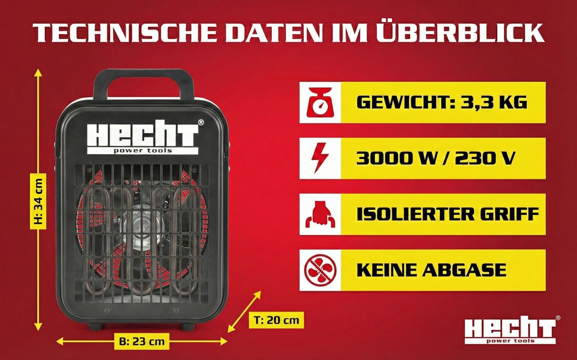 HECHT 3500 Heizlüfter energiesparend | 3000 W | 3-Stufig | bis 30 m² | Überhitzungsschutz