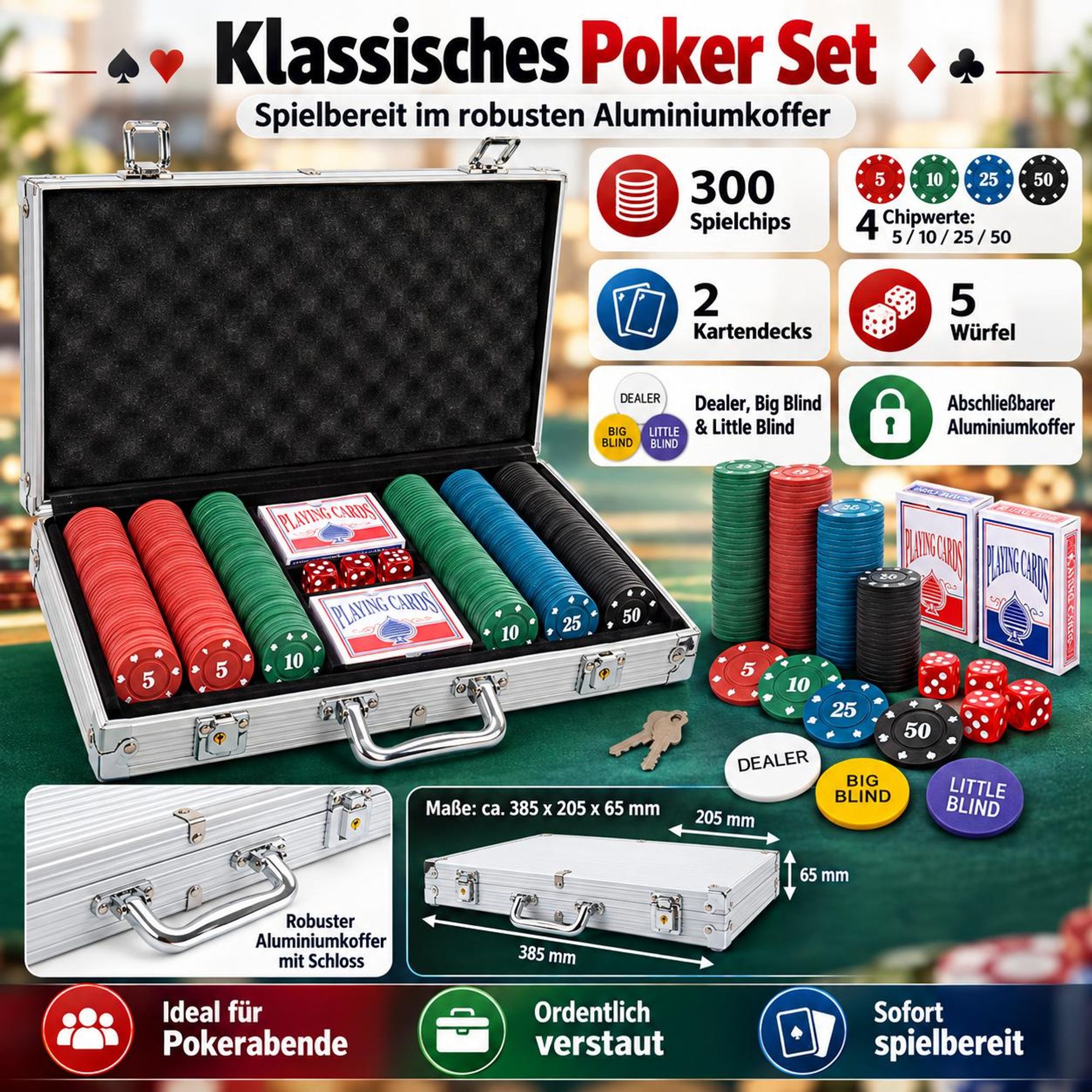 Poker Set 300 Chips mit Koffer – Komplett Pokerkoffer mit Karten & Würfeln