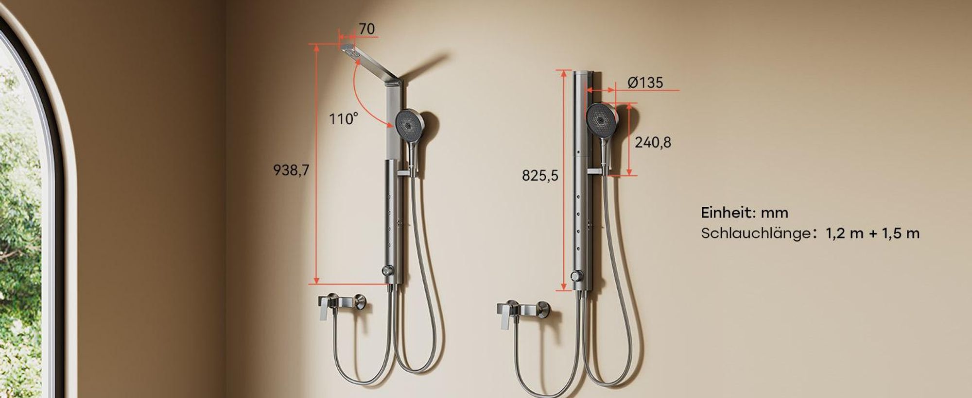 HOROW RainFlexi S1 Regendusche Set Massage ohne Armatur, Grau Duschpaneel mit Großem Duschkopf, Klappbares Duschsystem, Höhenverstellbares Duschset