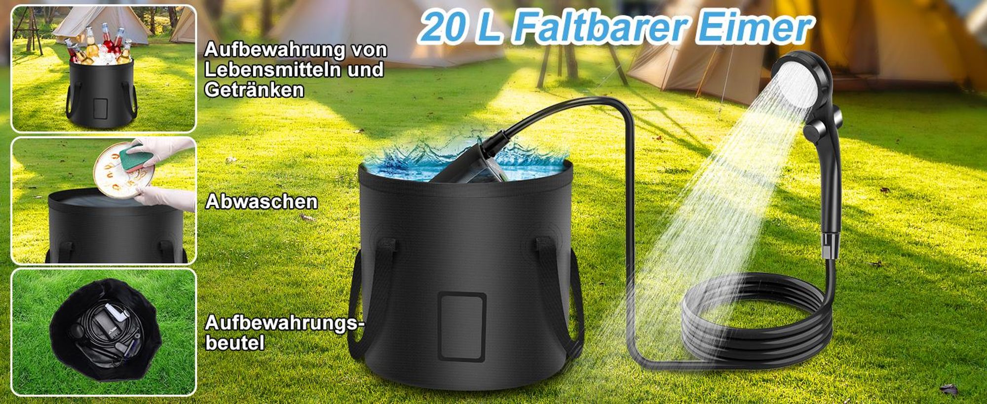 Tragbare Campingdusche, Camping Dusche Outdoor, 6000mah Akku, mit Pumpe und Eimer, Mobile Duschen mit Duschkopf und Schlauch,für Camping Reisen Garten