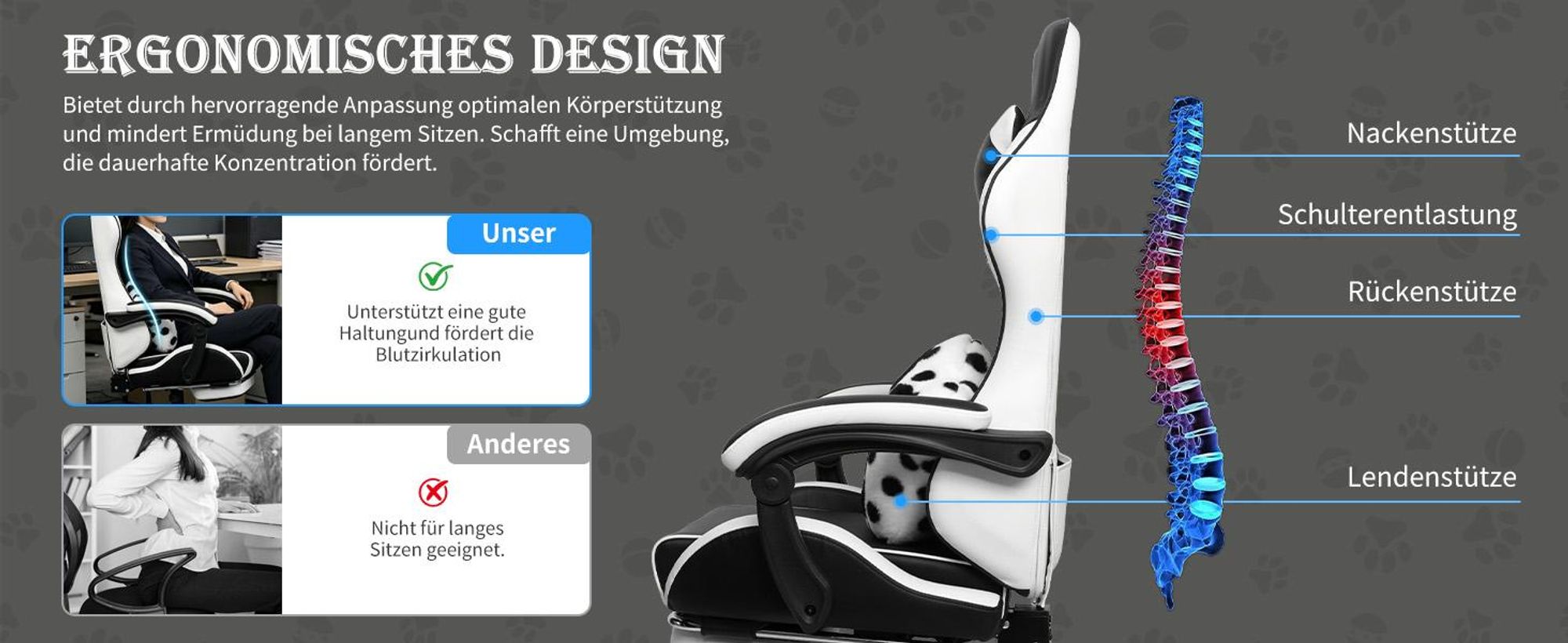 Puluomis Gaming Stuhl mit Fußstütze, Bürostuhl Chefsessel Schreibtischstuhl Racing Stuhl ergonomisch drehbar höhenverstellbar Hunde Schwarz Weiß