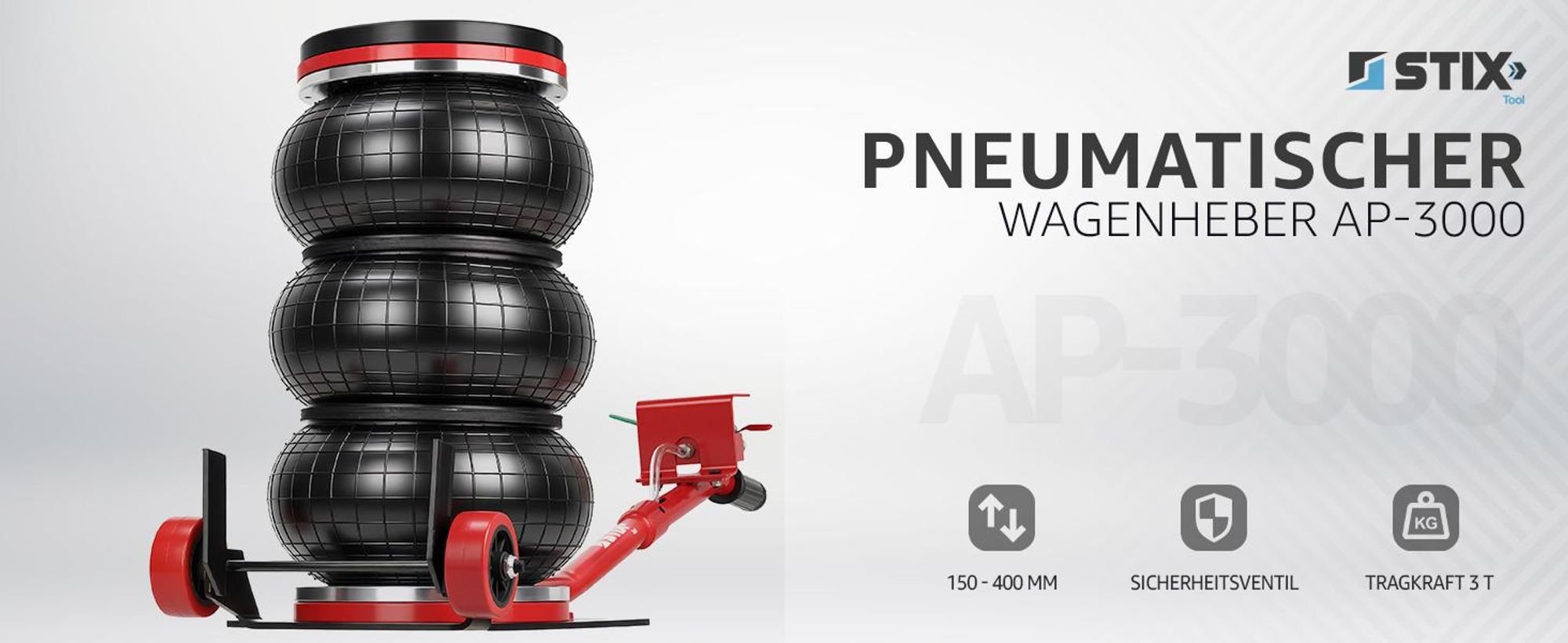 Pneumatischer Wagenheber AP-3000 STIX mit Luftkissen, Tragkraft 3T, Hubbereich 150–400 mm