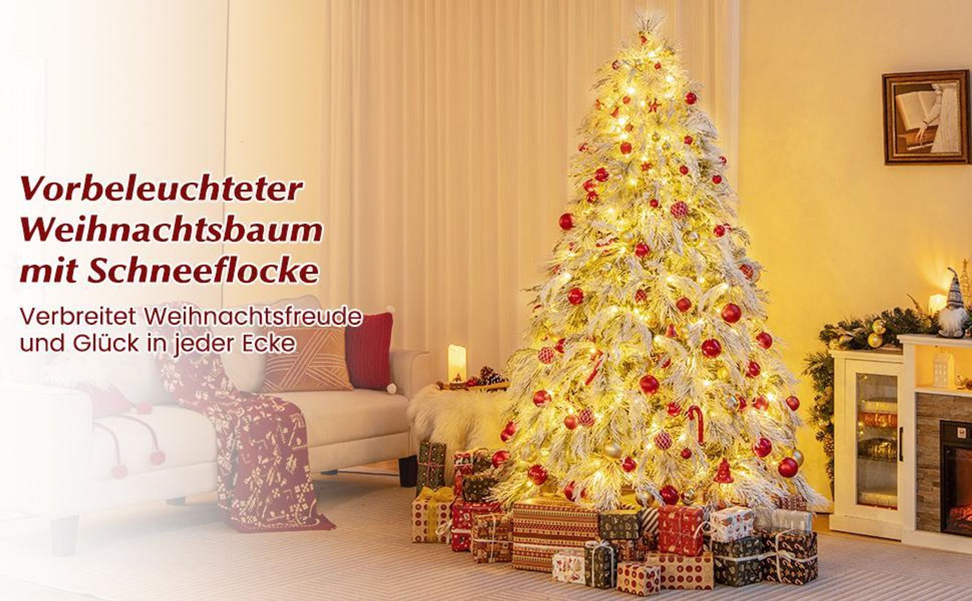 COSTWAY Künstlicher Weihnachtsbaum mit Schnee, Tannenbaum mit warmweißen LED-Lichtern & 279 Zweigspitzen, Christbaum mit Metallständer, Festbaum Kunstbaum für Festdekoration Indoor Outdoor (150cm)