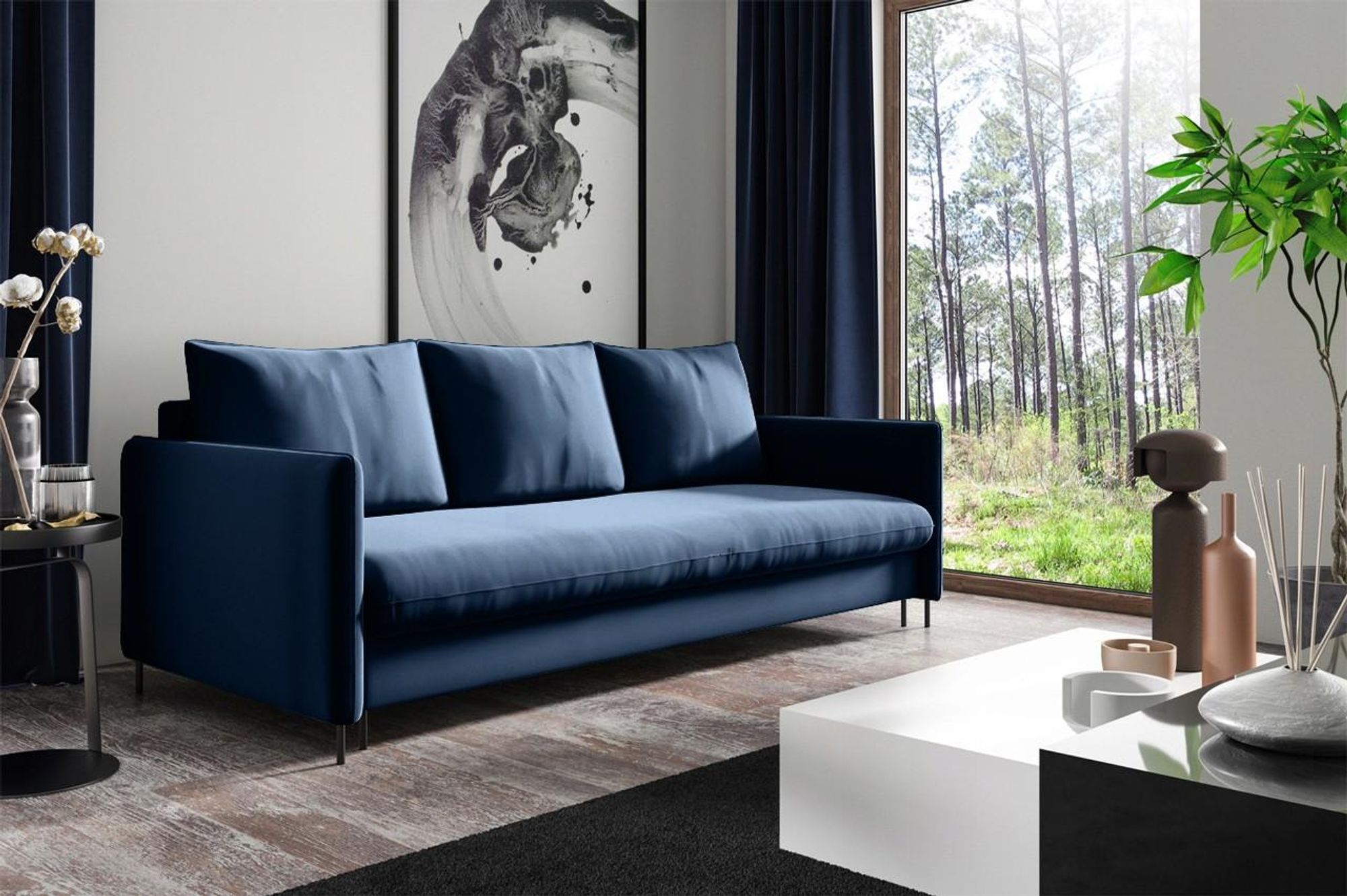 BETTSO Sofa Mit Schlaffunktion und Bettkasten Couch Sofa Federkern Polstersofa mit Bettfunktion für das Wohnzimmer BELIS Blau Dunkelblau Marineblau