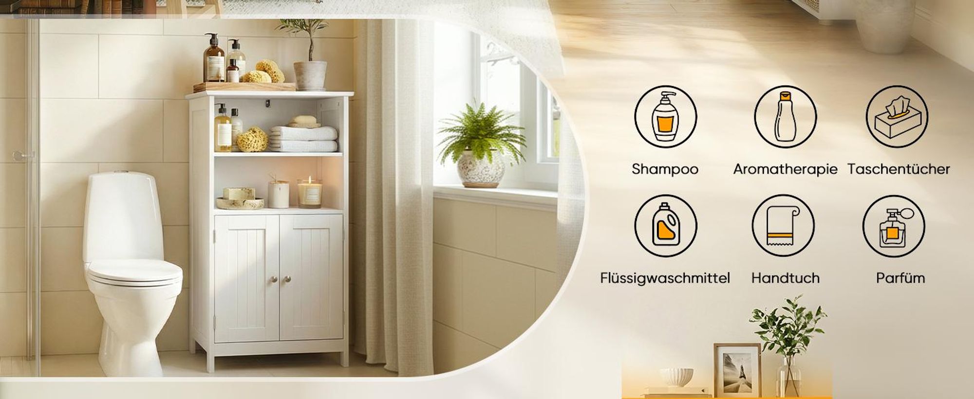 HOKEEPER Badezimmerschrank, Badschrank, Küchenschrank mit Doppeltür & Einstellbarem Regal,Badkommode Sideboard, Badezimmer/Wohnzimmer/Flur Weiß