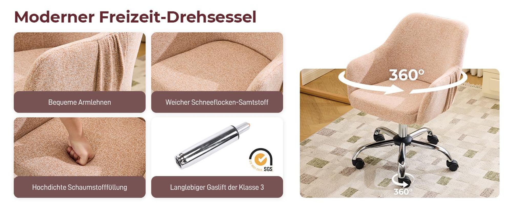 Schreibtischstuhl mit Armlehnen, Drehstuhl mit Rollen, Bürodrehstuhl, Polsterstuhl,Orange