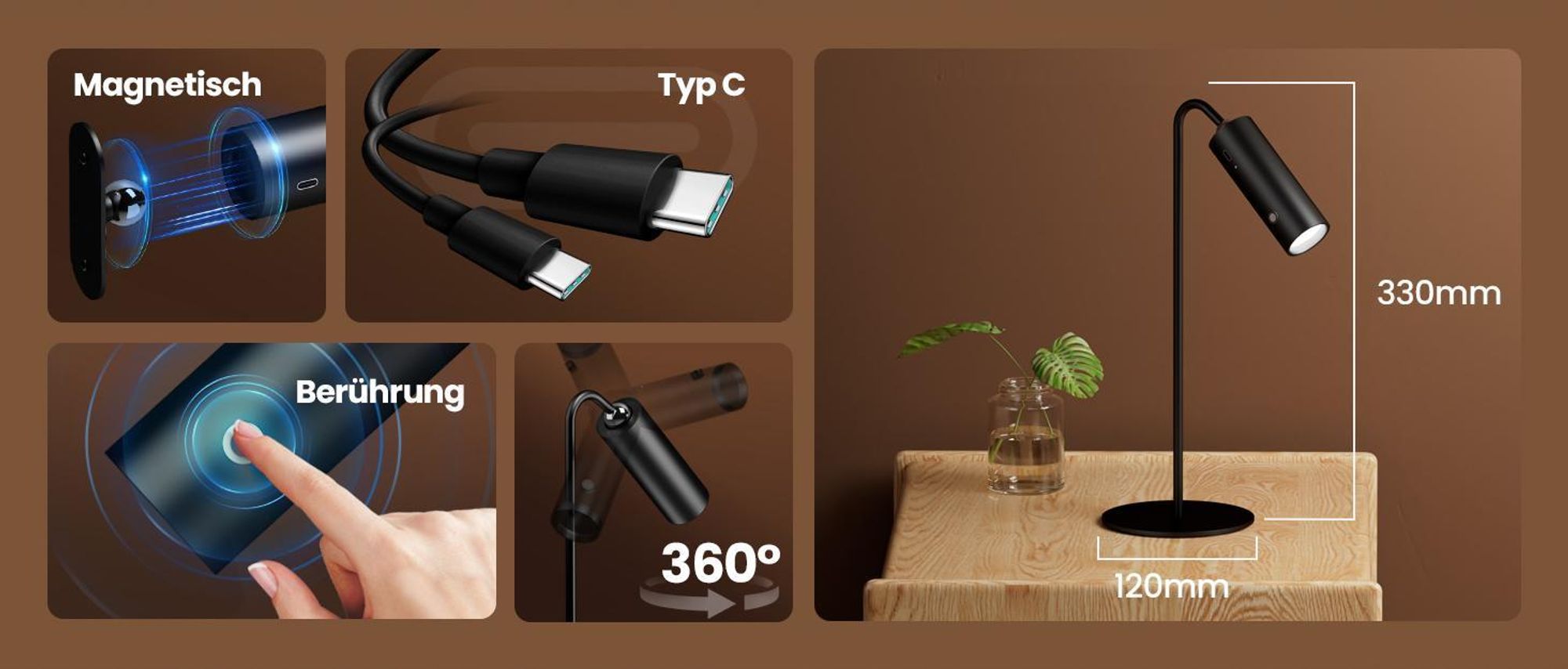 EMKE Tischlampe LED 5-in-1 design Dimmbare Schreibtischlampe Kabellos, USB-C Aufladbar 3 Lichtfarben Multifunktionale Klemmleuchte & Wandlampe Schwarz