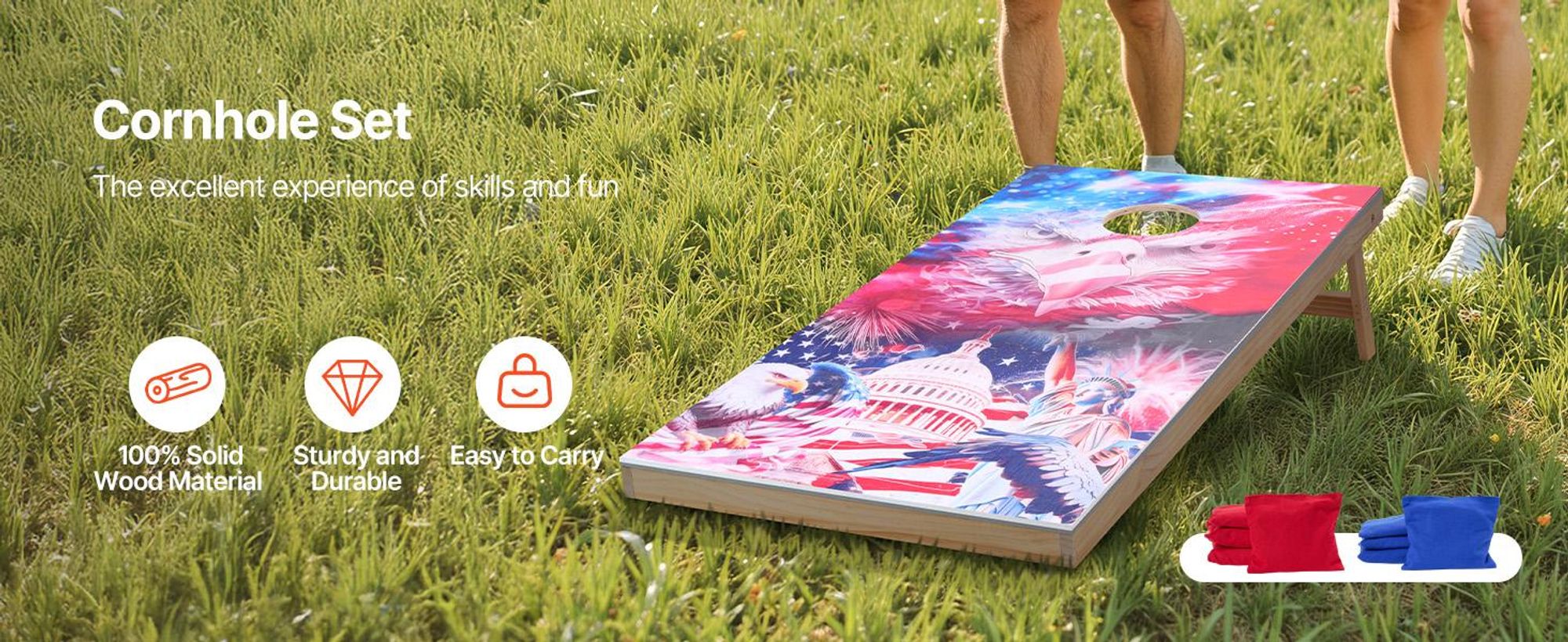 VEVOR Cornhole Spiel Set (1255 x 600 x 302 mm) Cornhole-Spielbretter, tragbares Wurfbrett aus Massivholz, Cornhole-Spiel für Erwachsene, inkl. 8 Sitzsäcken & Tragetasche, für Garten Hinterhof